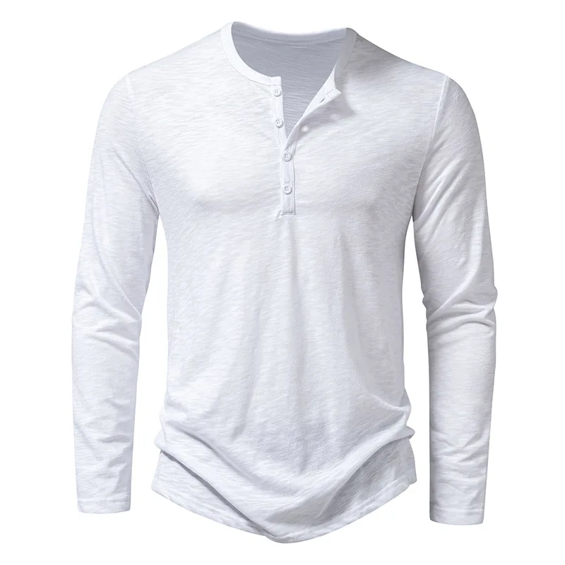 Men's Cotton Button Henley Neck Long Sleeve Casual Solid Color Fashion T-shirt