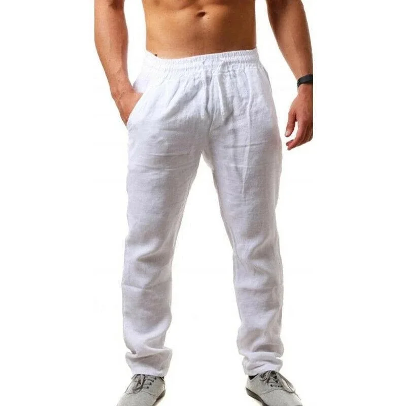 Men's Cotton Linen Pants Autumn New Breathable Solid Color Trousers Fitness Streetwear